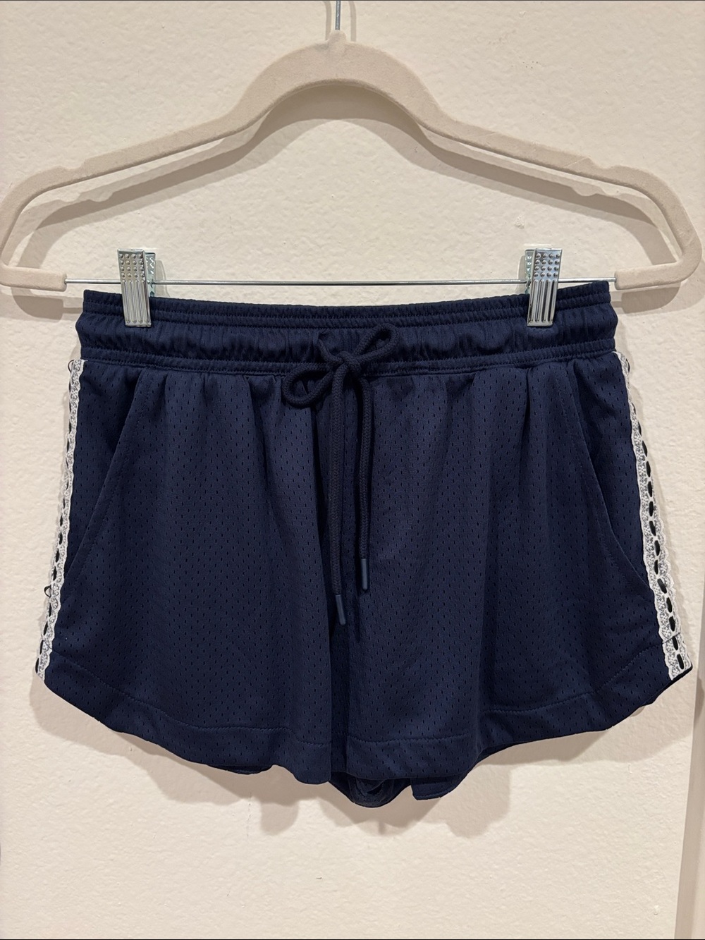 BDG Navy Athletic Mesh Shorts with White Lace Trim